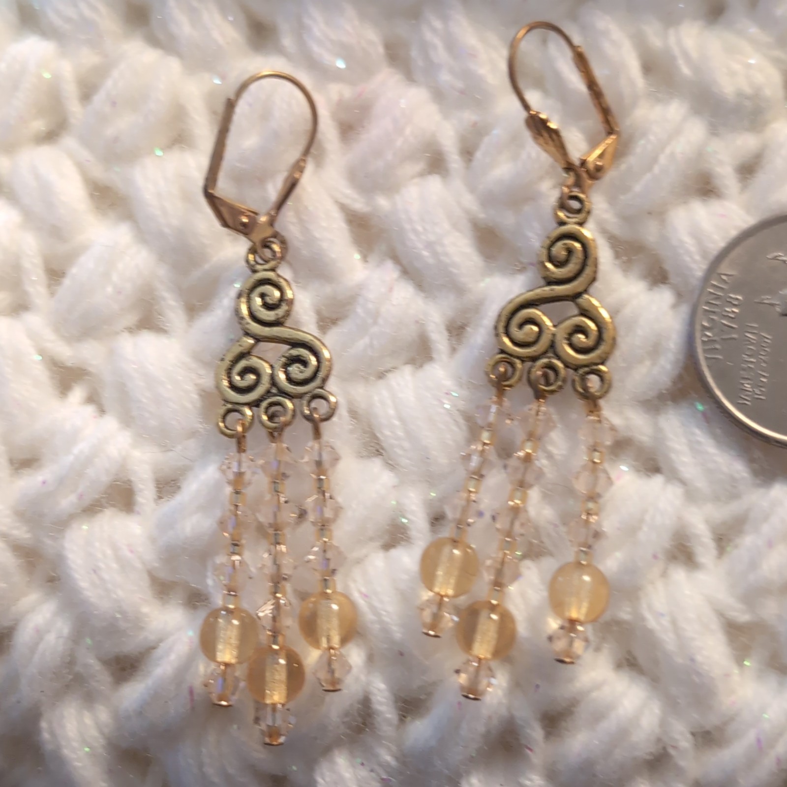 Gold Tone Scroll Chandelier Dangle Leverback Earrings Clear Bicone Crystals