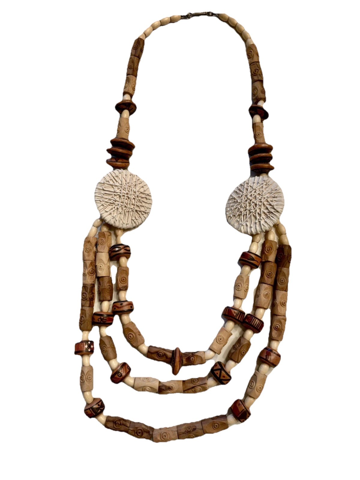 BOHO Tribal Chunky Wood Beaded Necklace Multi Triple Strand Statement 24-28”