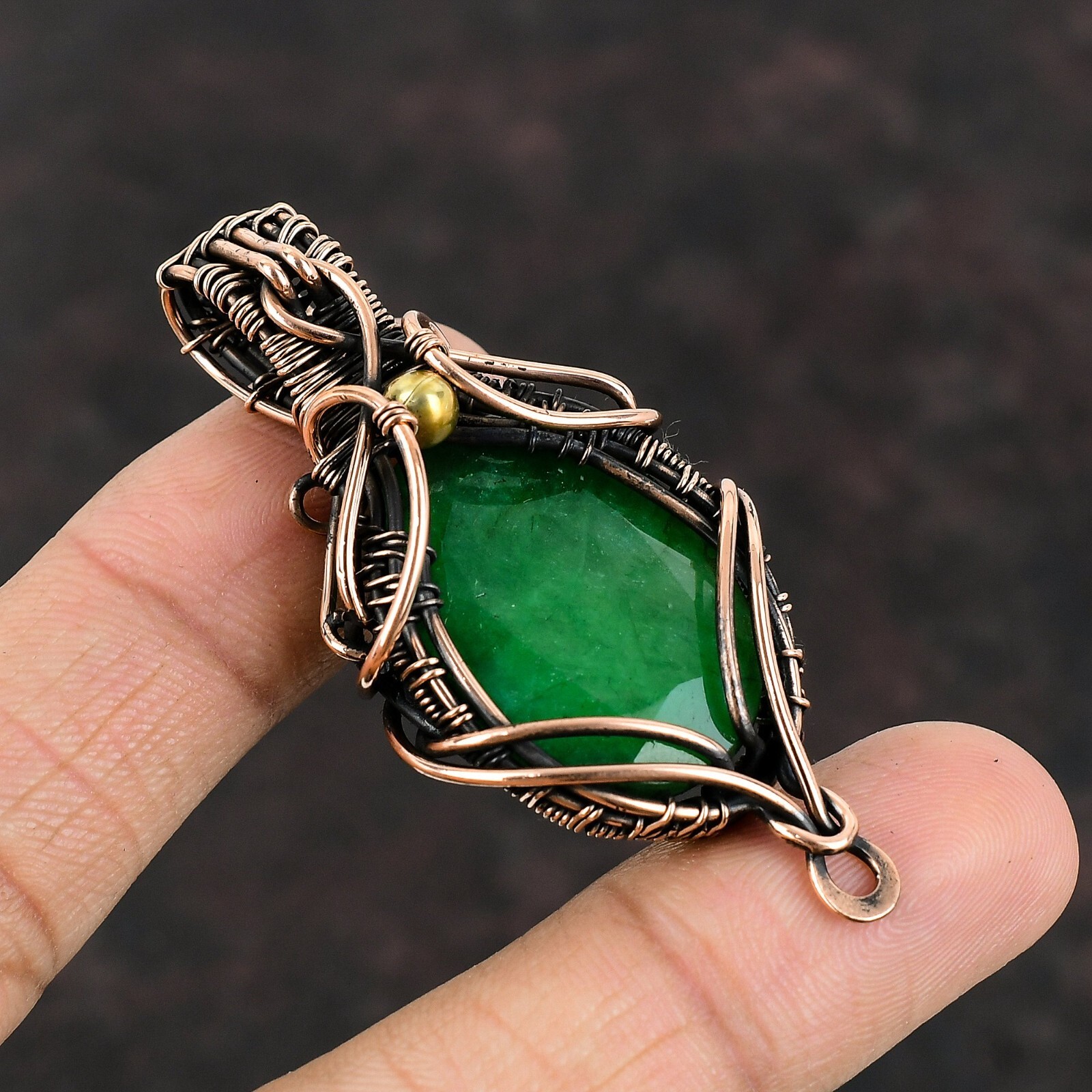 Gift For Her Copper Zambian Emrald Gemstone Jewelry Wire Wrapped Pendant 2.76″