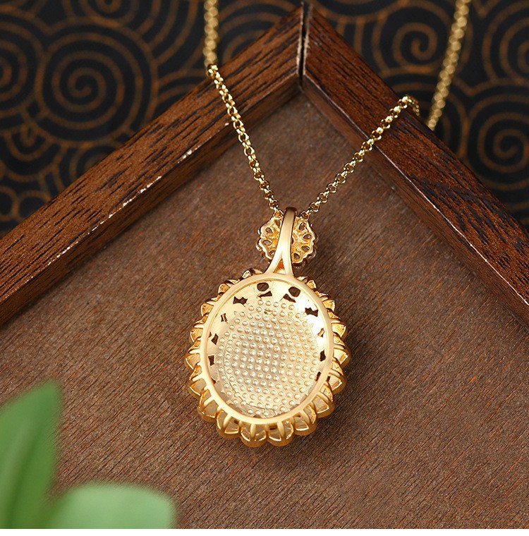 Jade Crystal Pendant Necklace Charm 18K Gold Plated Flower Retro Dainty Gemstone