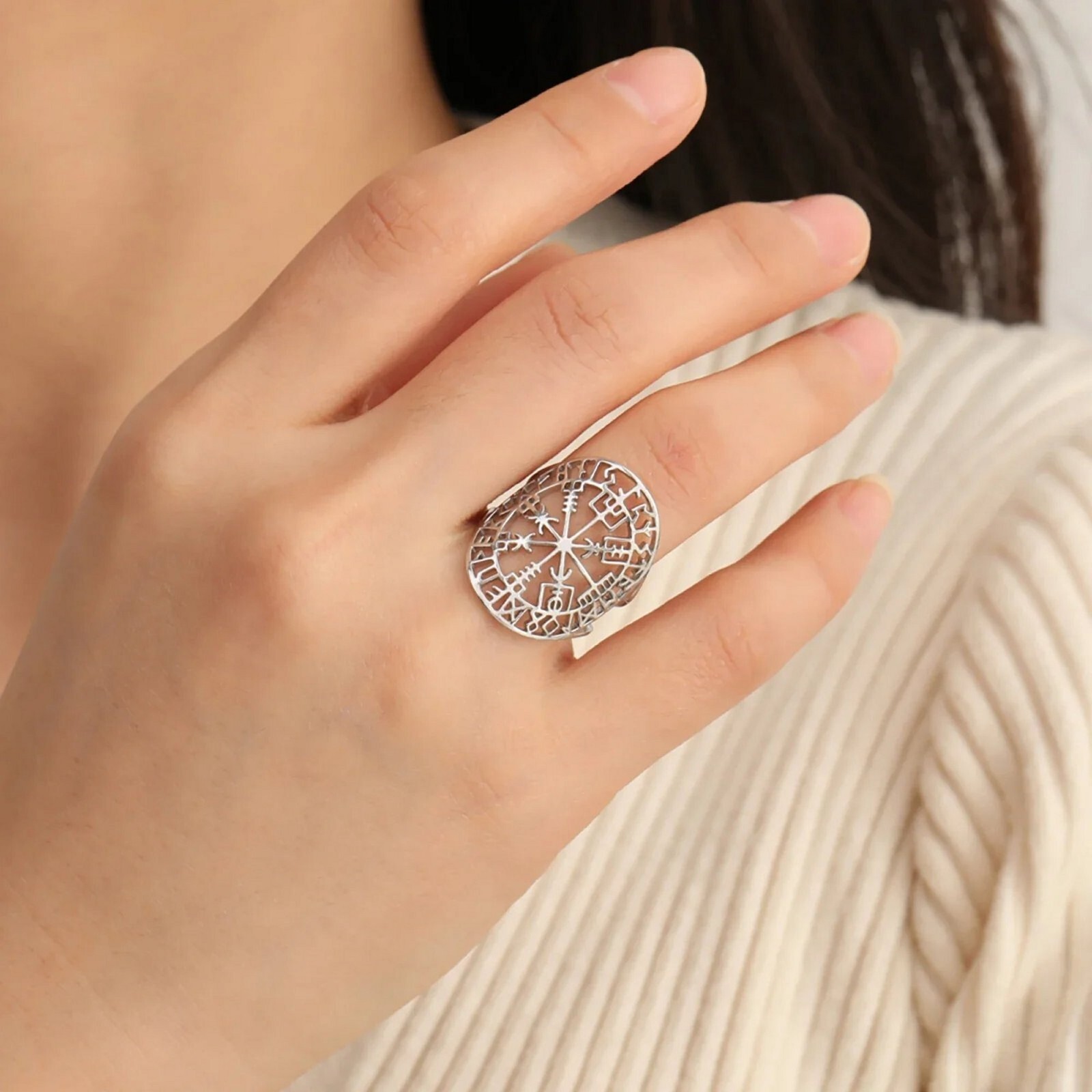 Womens Vegvisir Viking Ring Silver 316L Stainless Steel Adjustable Norse Band