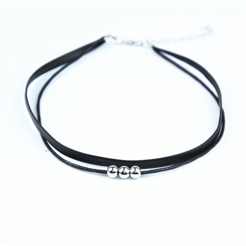 Fashion Jewelry Black Choker Silver Beaded Double Layer Necklace 3-9