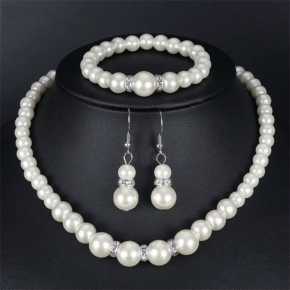 Pearl Jewelry Set – Necklace, Bracelet & Earrings – Simulated Pearls Jewelry