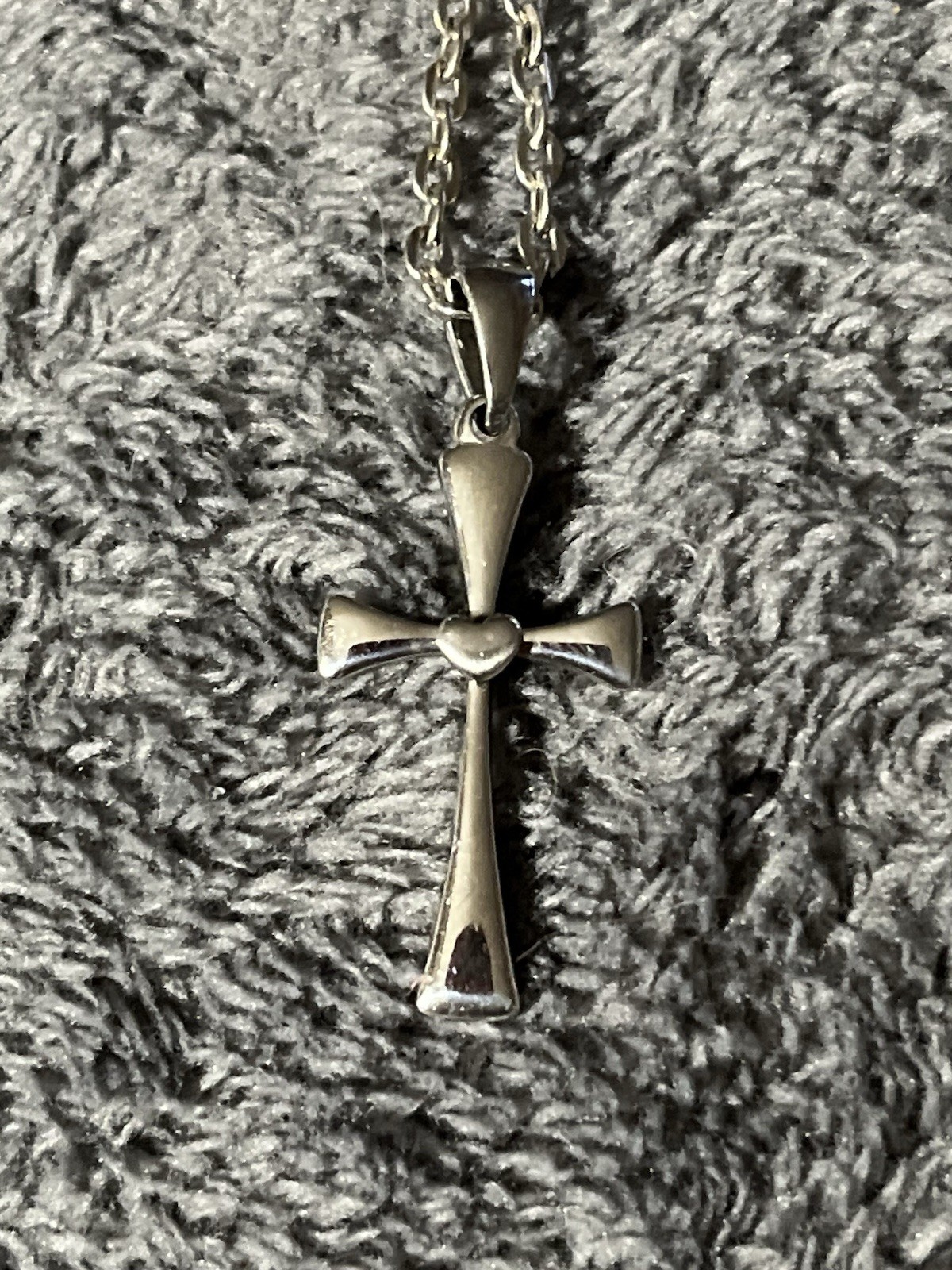 VTG 1″ Cross w Heart Silver Tone Stainless Steel Pendant 19″ Necklace Gift