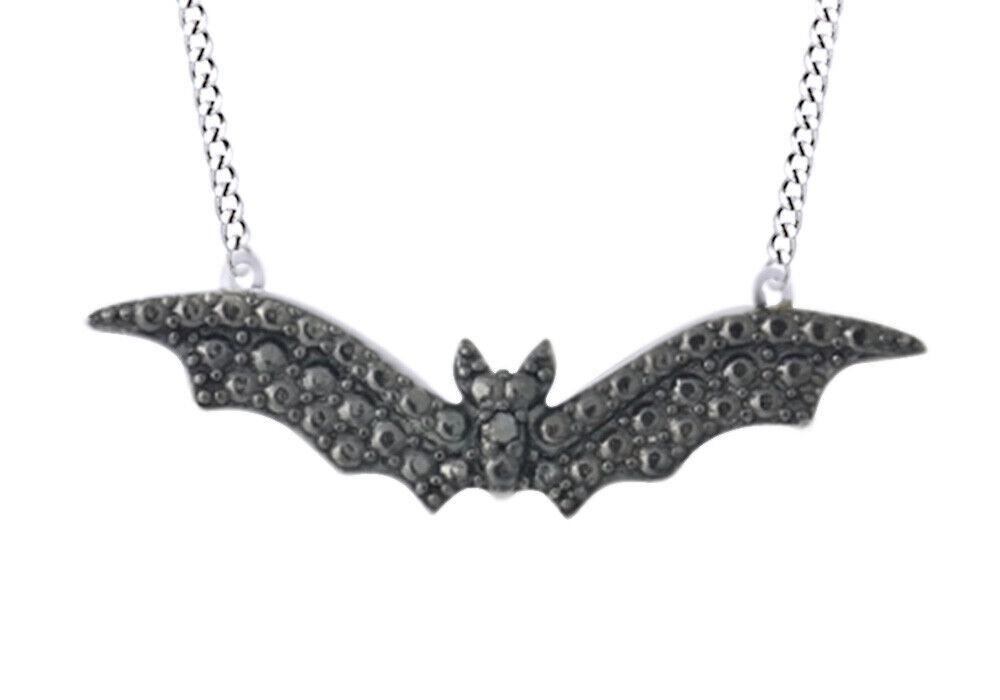 0.1 Ct Round Black Simulated Diamond Flying Bat Pendant Necklace In 925 Silver