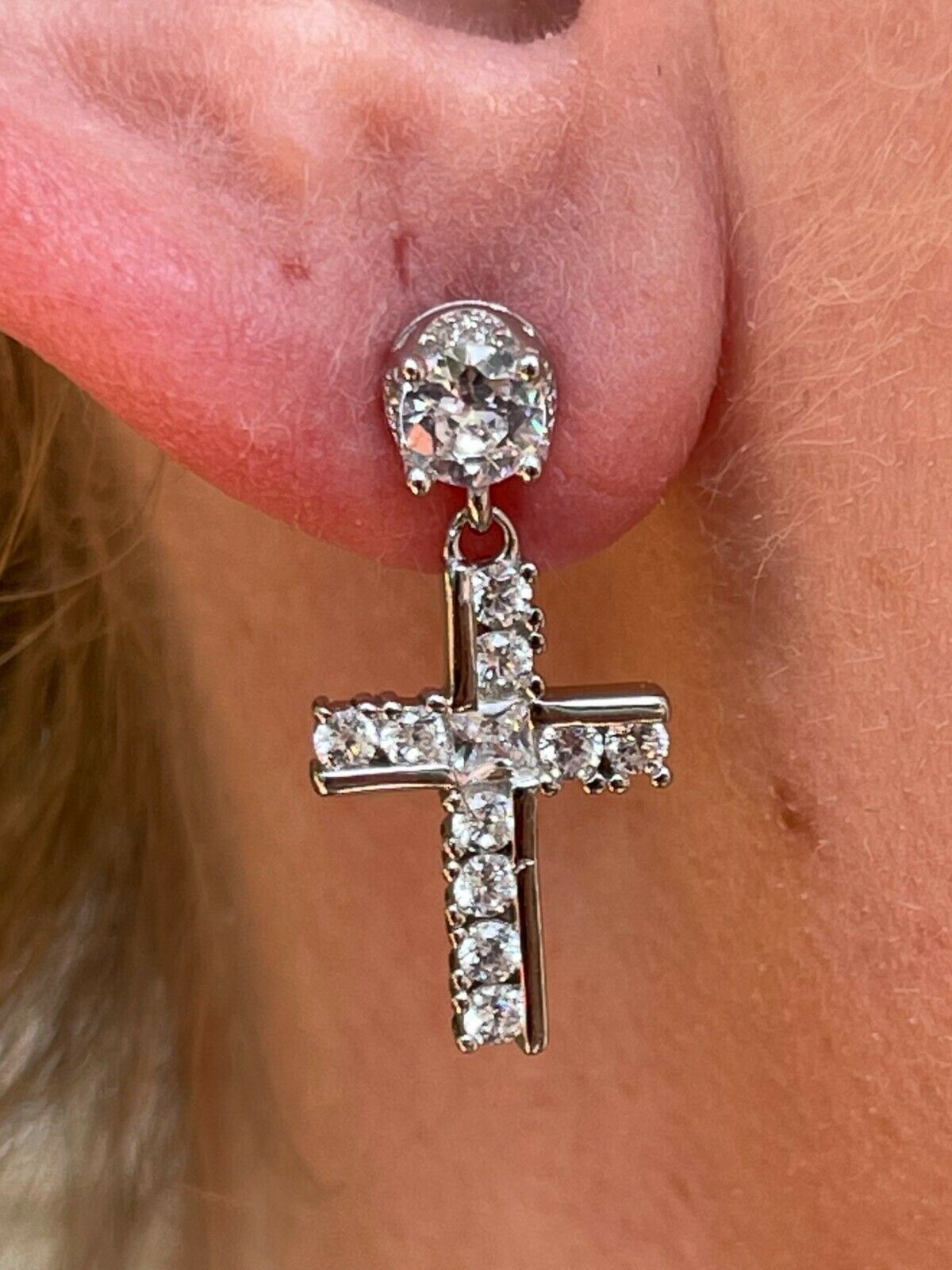 Real 925 Sterling Silver Iced Cross Dangle Drop Earrings Simulated Diamond Studs