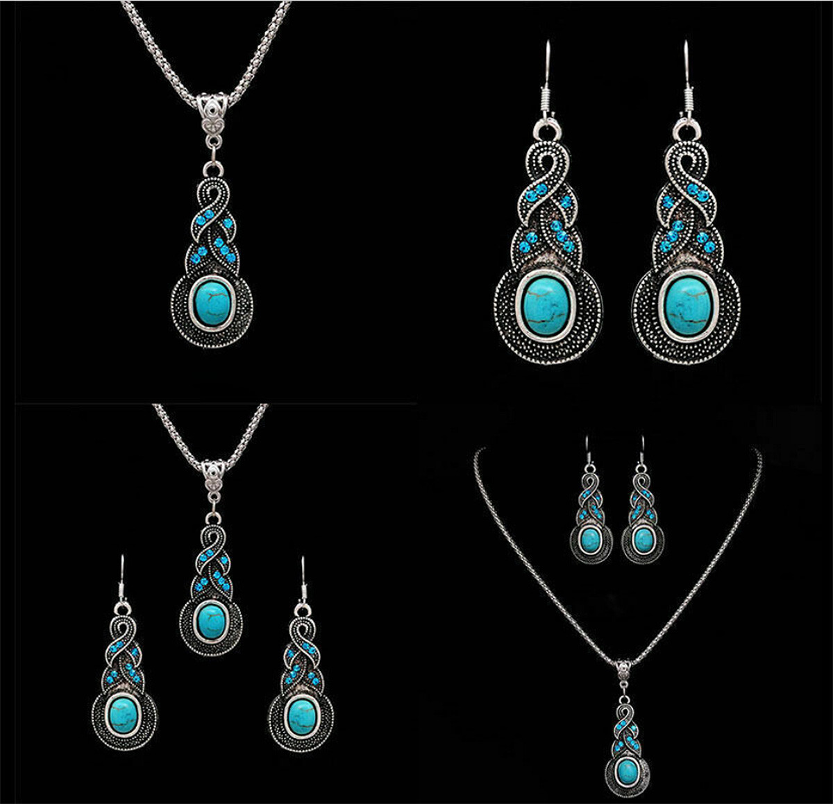DESIGNER INSPIRED BLUE FAUX TURQUOISE SILVER NECKLACE & EARRINGS JEWELRY SET NEW