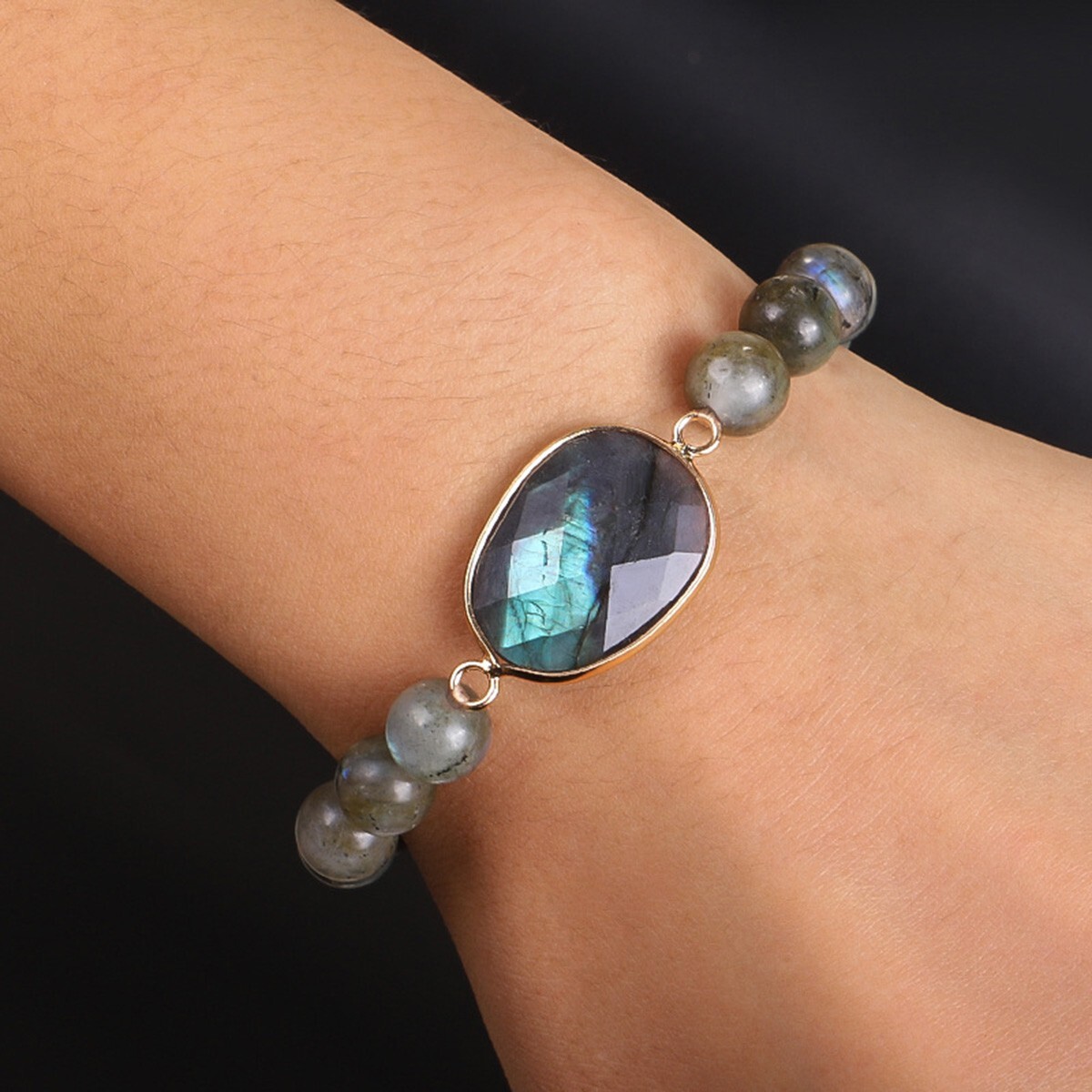 Handmade Natural Labradorite Elastic Stretch Bracelet with Labradorite Raw Stone