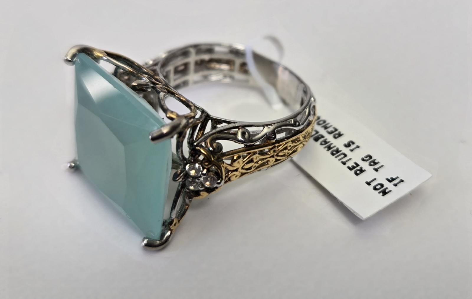 Vtg Gems en Vogue Princess Cut Seafoam Chalcedony, White Zircon Ring 925 sz 7.75