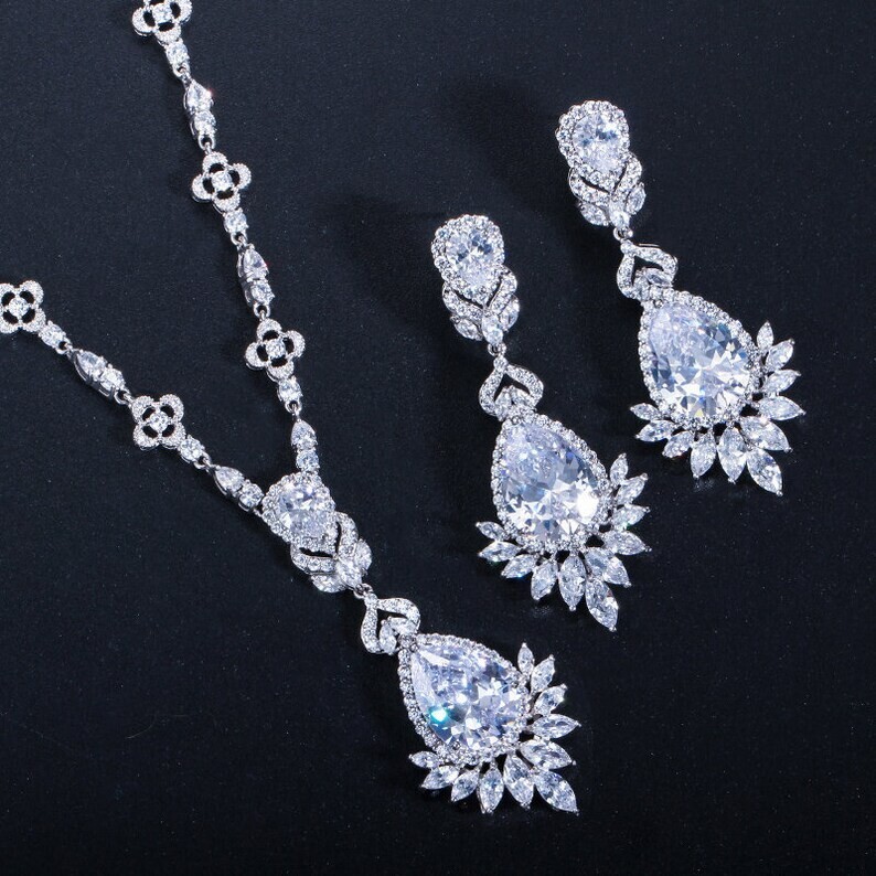 Wedding Jewelry White Gold Plated CZ Necklace and Earrings Bridal Jewelry Set