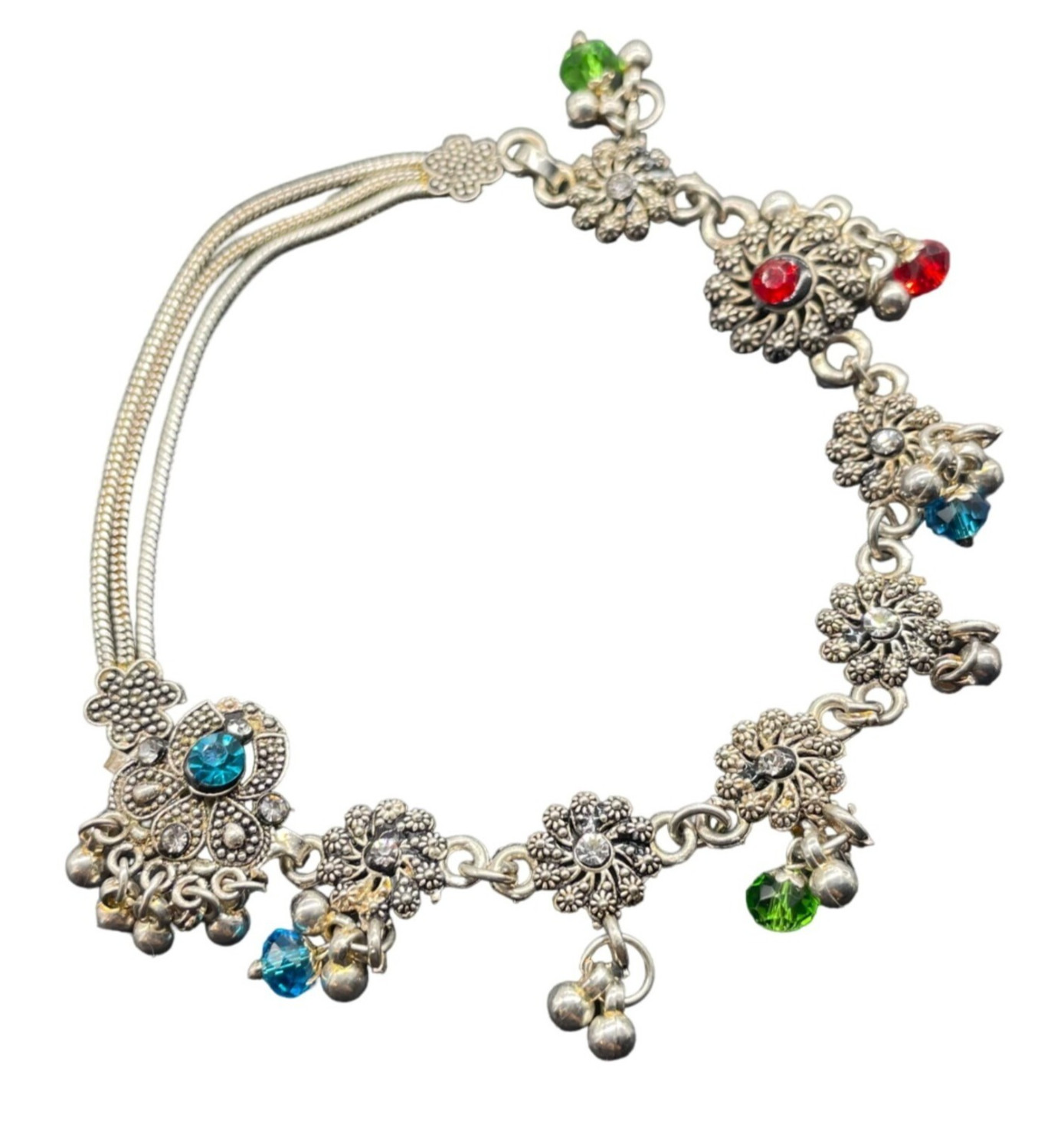 Oxidized Silver-Plated Anklet Multicolor Beads Floral Motifs
