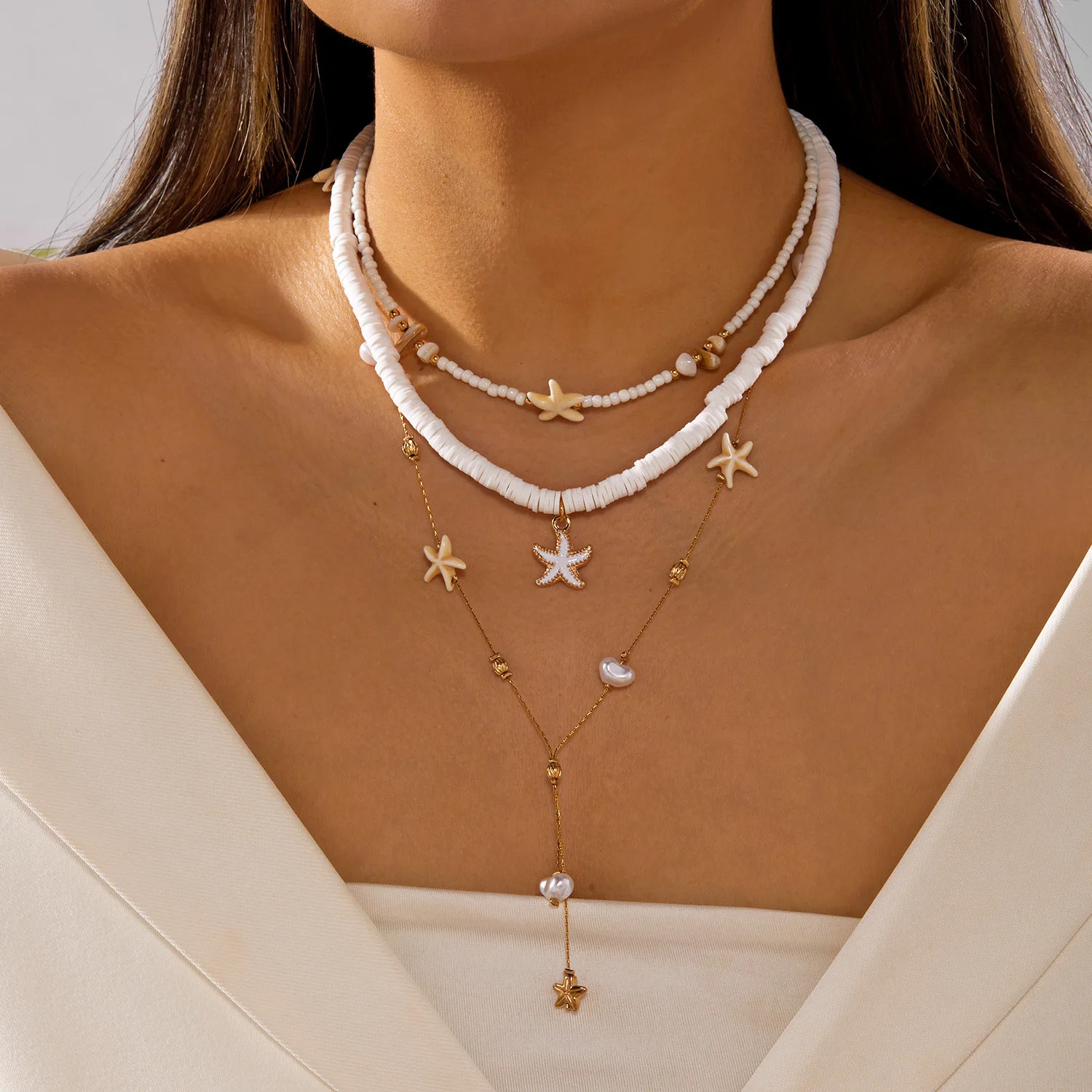 Bohemian Shell Starfish Tassel Necklaces Sets for Women Handmade Rice Bead Stack