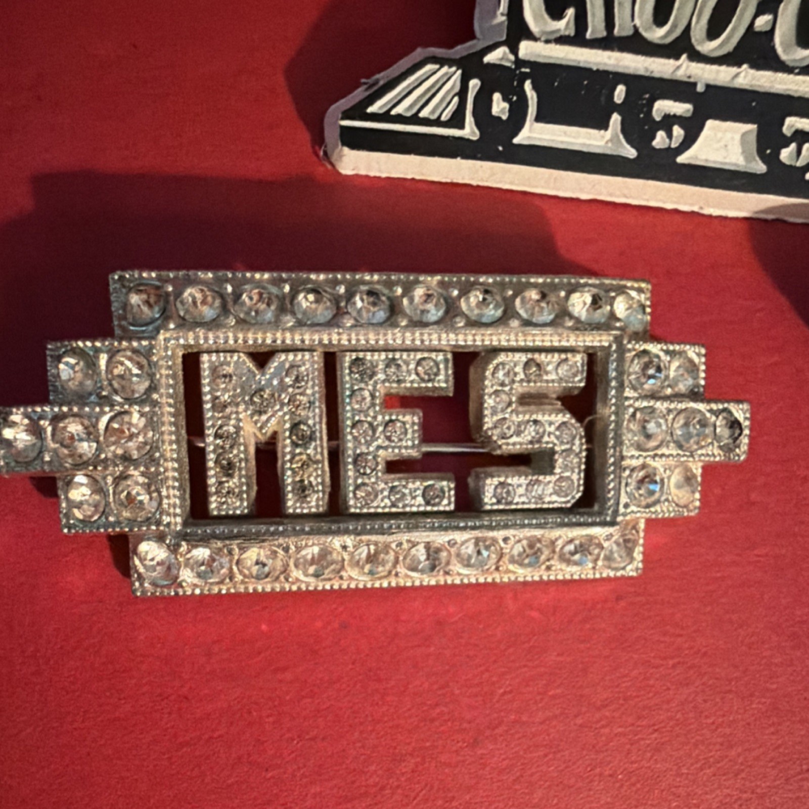 MES Rectangle Pin Silver Tone Metal Clear Round Rhinestones Transportation Theme