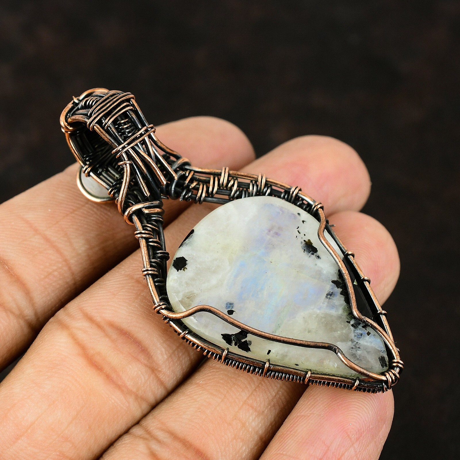 Rainbow Moonstone Wire Wrapped Pendant Handcrafted Copper Ethnic 2.6″