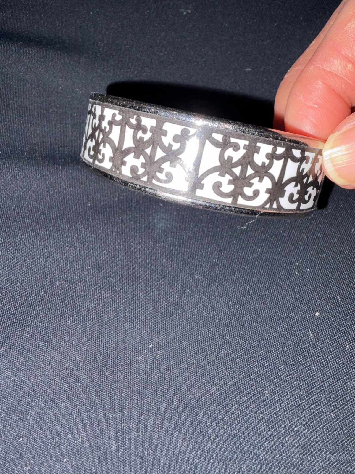 Hermes Bangle Bracelet Black & White Enamel Guadalquivir Silver Rim