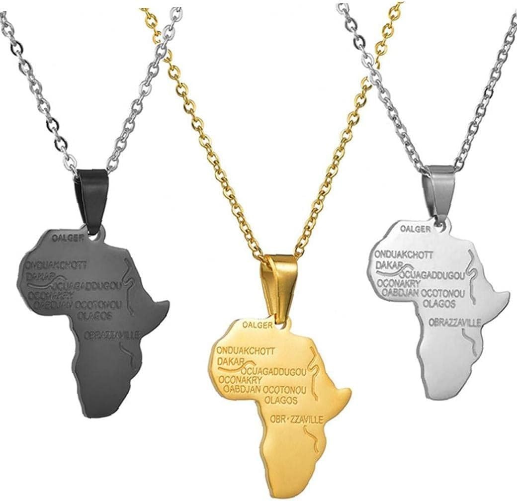 Africa Map Pendant Necklace with Engraved Capital Cities Stainless Steel Jewelry