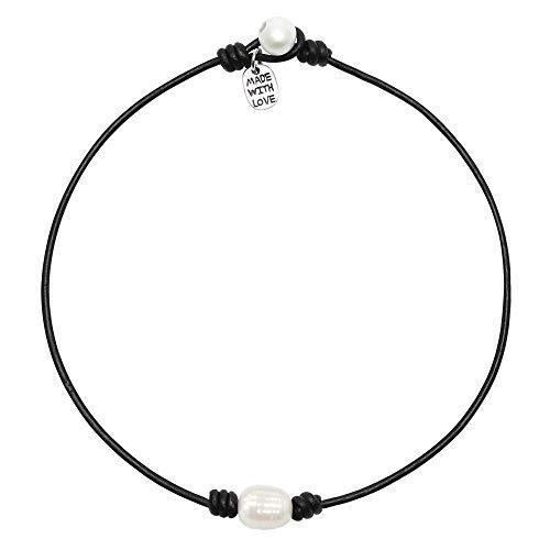Single Cultured Freshwater Pearl Choker Necklace -Genuine Black or Brown Leather