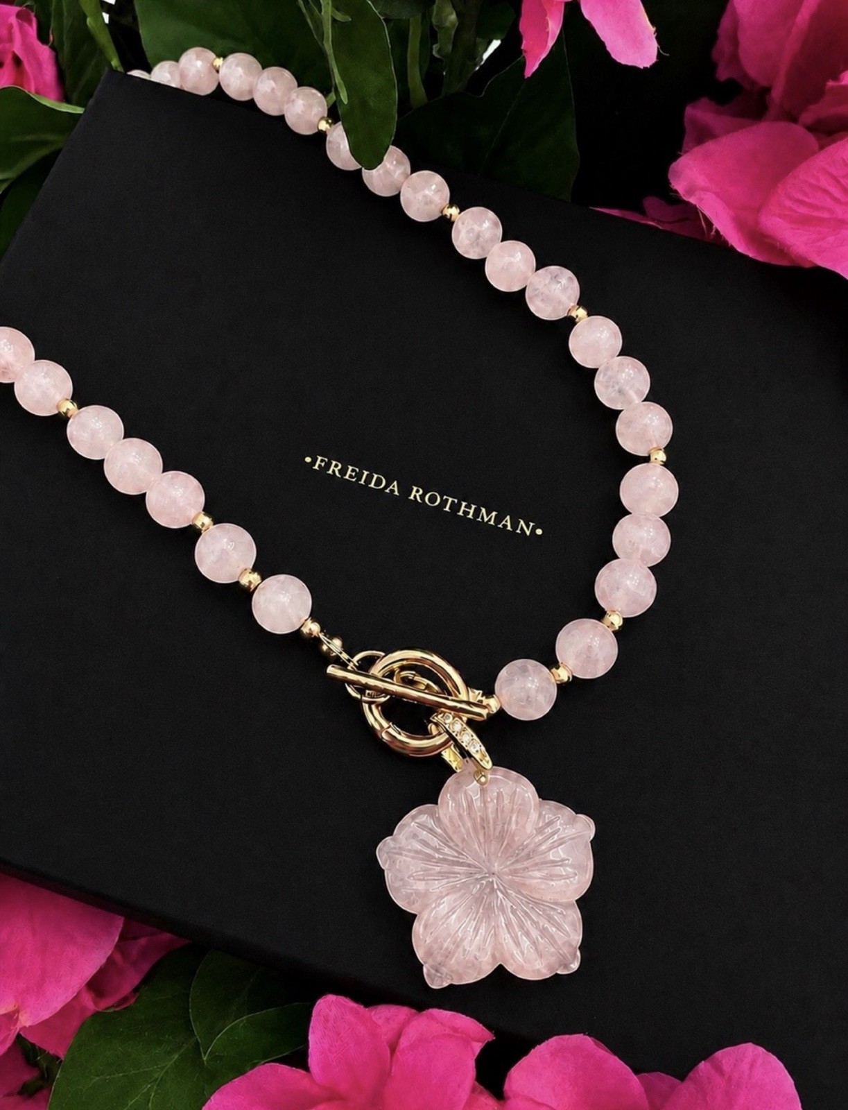 Freida Rothman Genuine Hand-Carved Rose Quartz FlowerPendant and Necklace