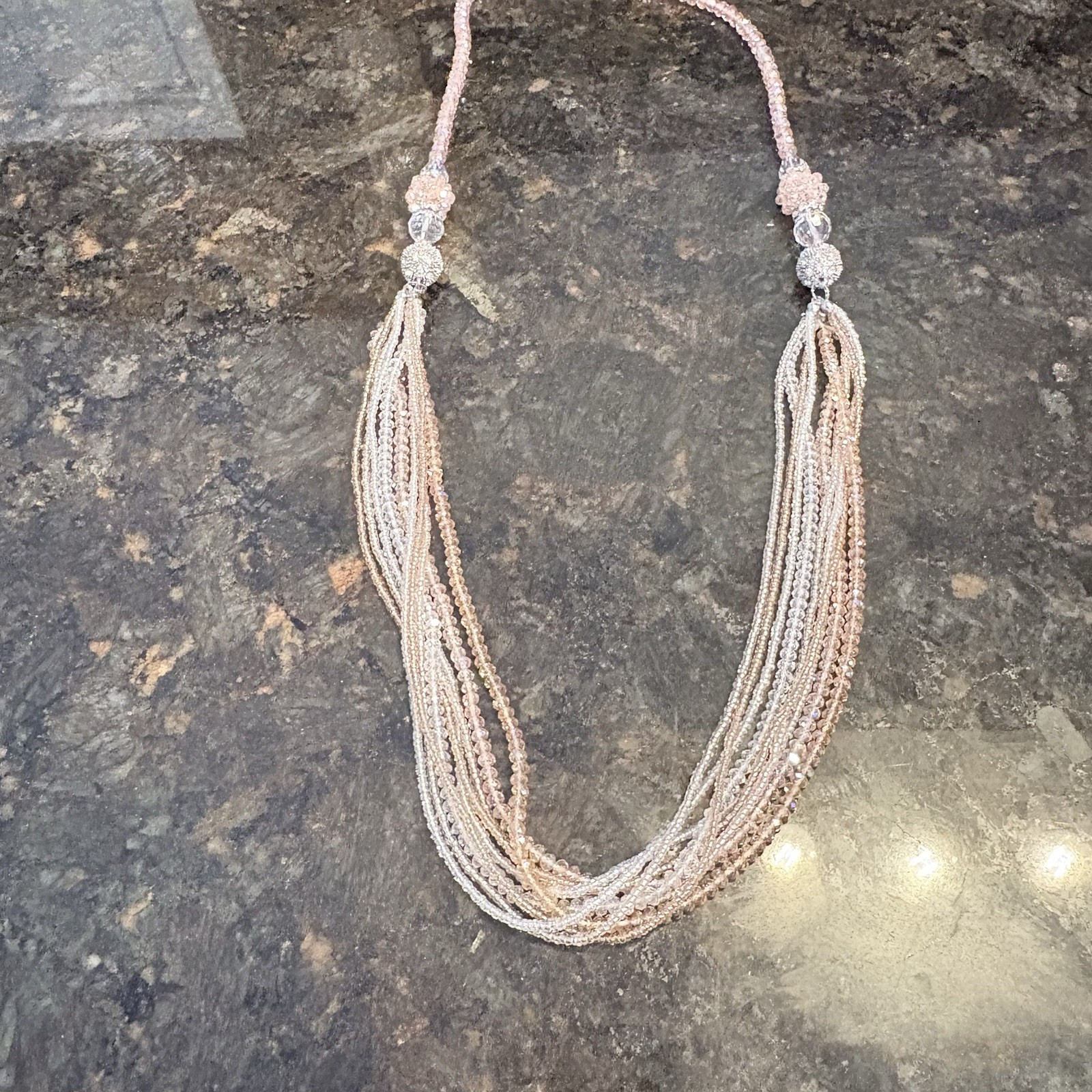 Multi Strand Pink Gold White Faceted Beaded Necklace