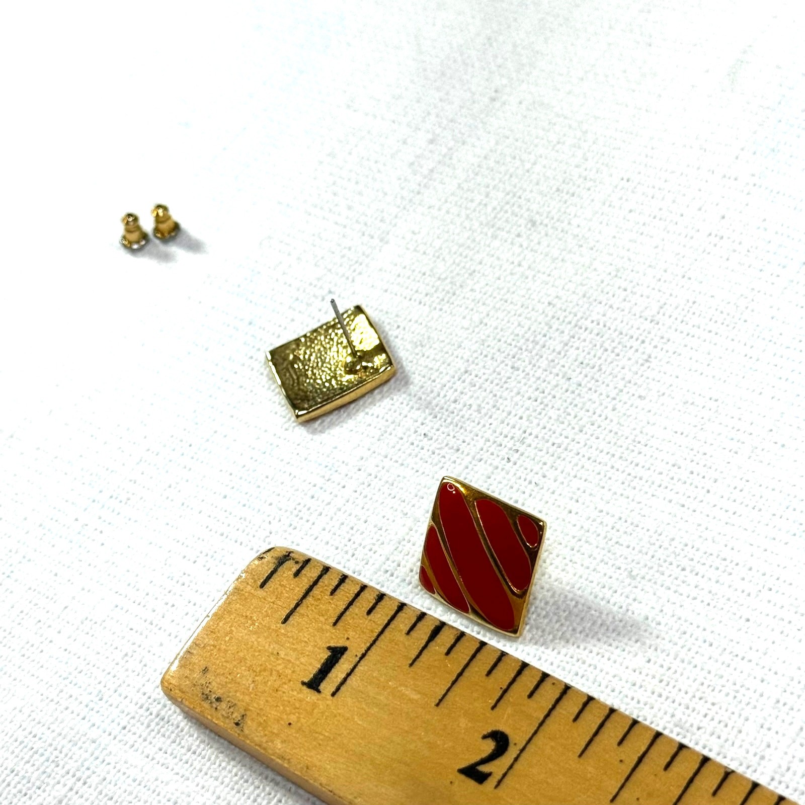 Vintage Red Enamel Square Earrings | Gold Tone Studs | No Maker Mark