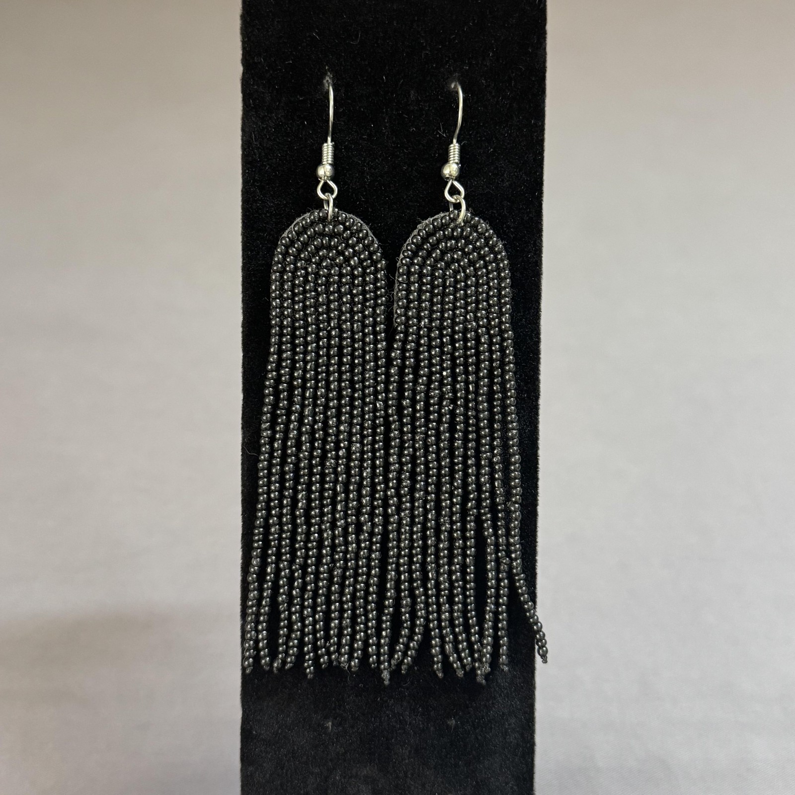 Black Beaded Tassel Dangle Drop Earrings 3.5 In Womens Boho Statement Jewelry