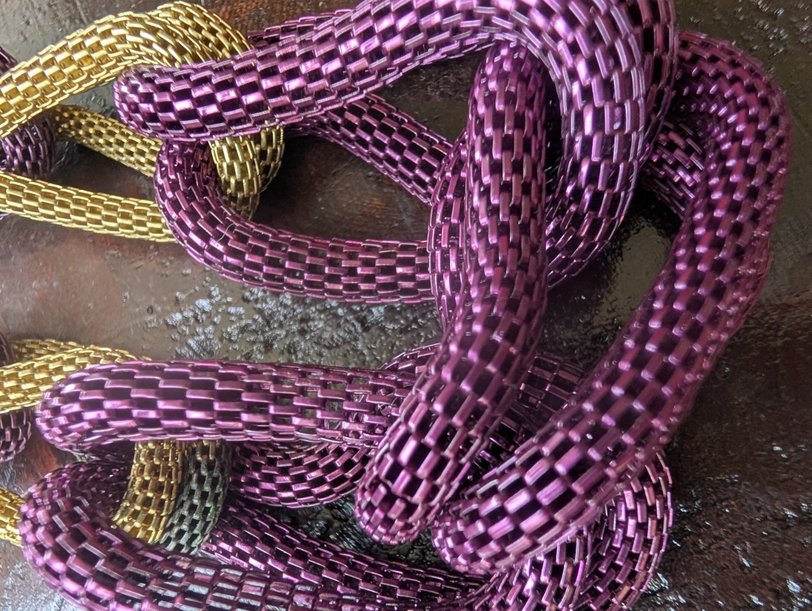 Goldtone+Purple Mesh Necklace+ Earrings Chunky Statement Hip Hop Flashy Cosplay