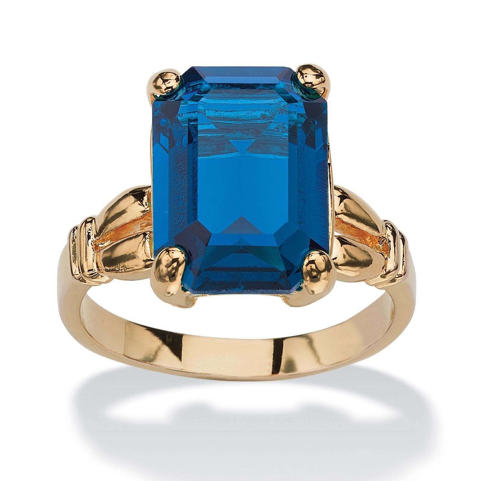WOMENS 14K GOLD PLATED BIRTHSTONE EMERALD CUT SAPPHIRE RING SIZE 5 6 7 8 9 10