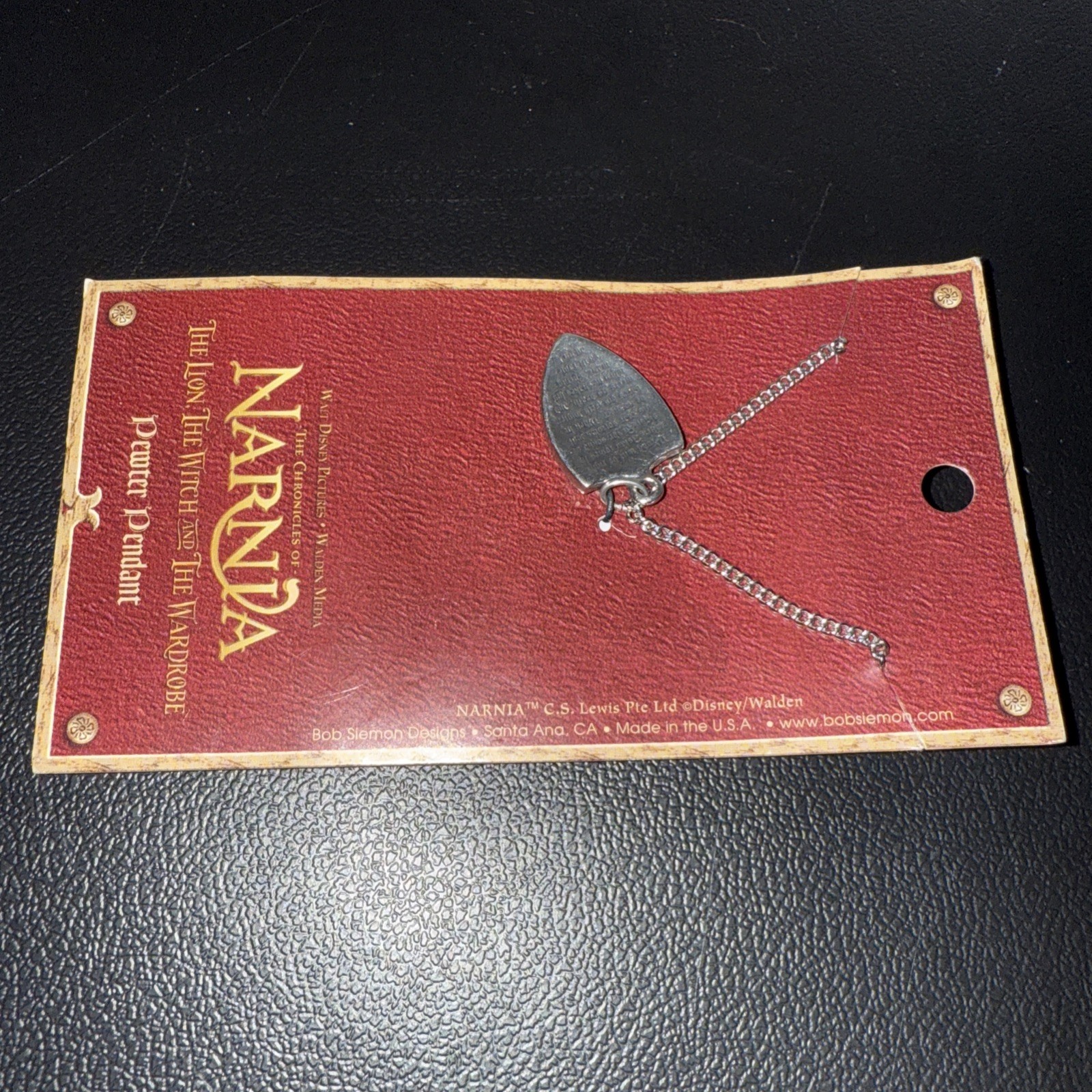 Narnia Pewter Pendent Necklace Aslan Shield Crest Disney Rare On Card (B)