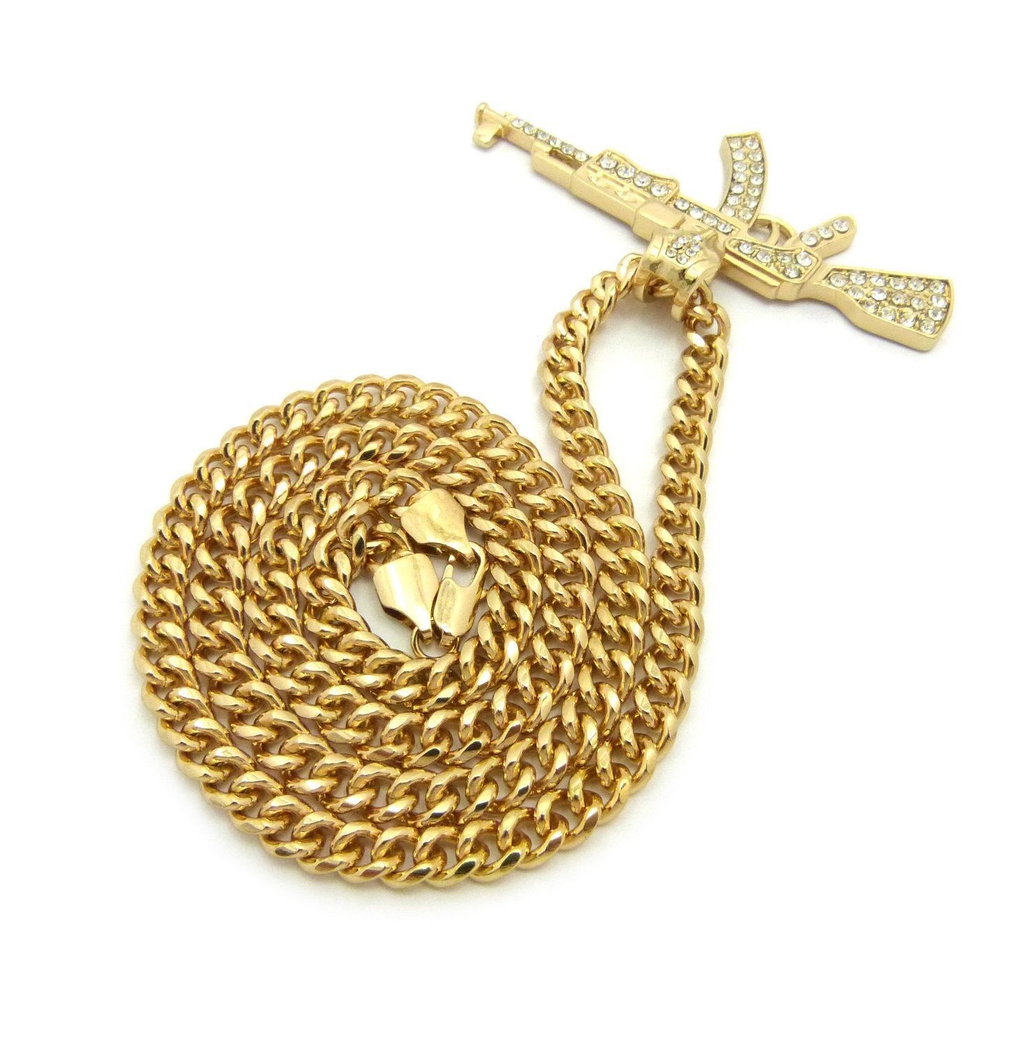 Gold Plated Alloy Cubic Zirconia AK47 Machine Gun Charm 24″ Cuban Chain Necklace