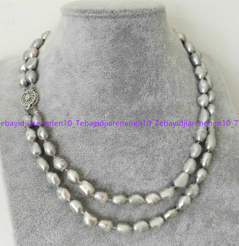 Beautiful 2 Rows 7-8/8-9/9-10MM Natural Gray Baroque Pearl Necklace 17-18 in
