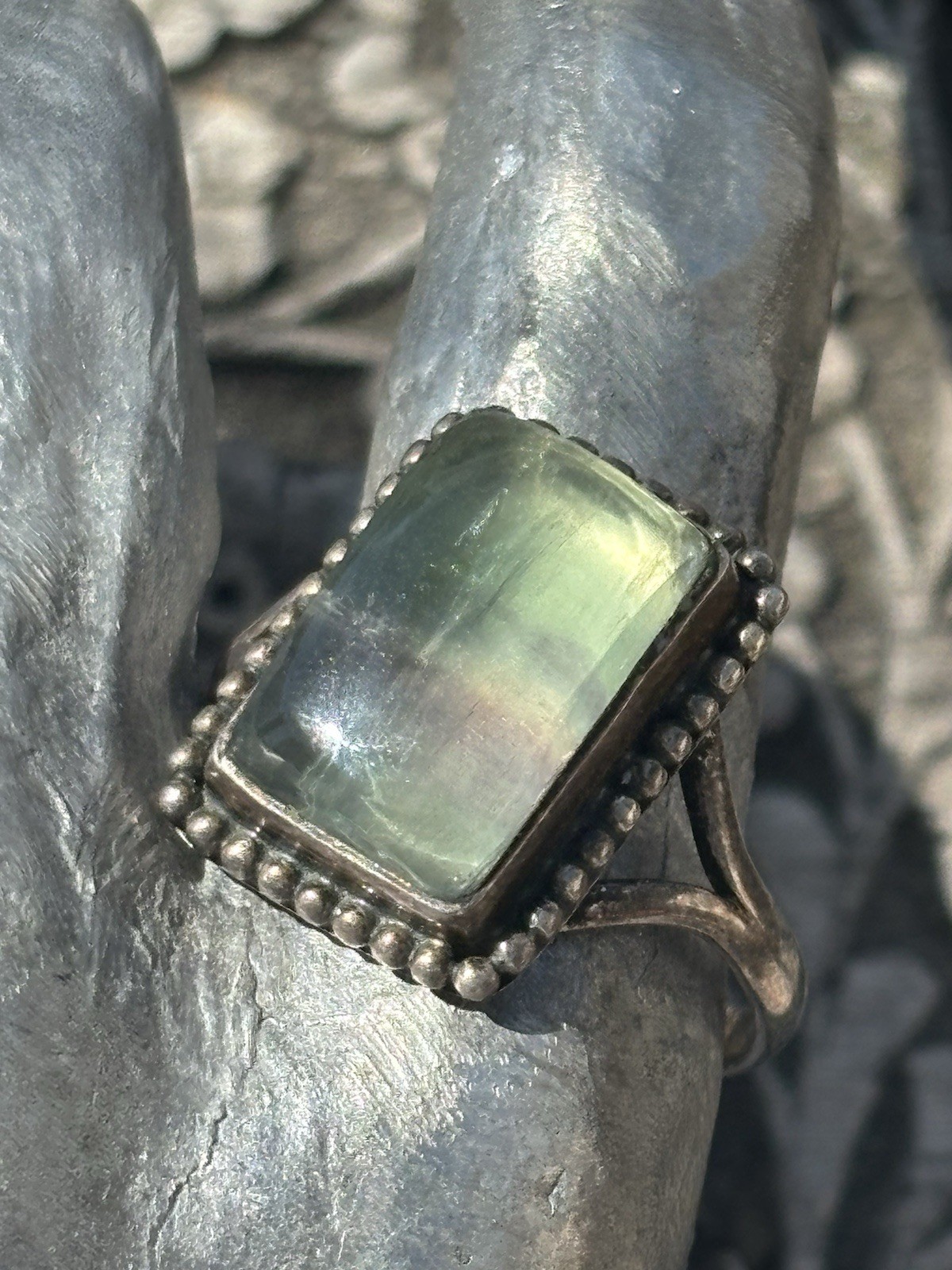 Handmade sterling silver bezel set rectangular fluorite gemstone ring size 10