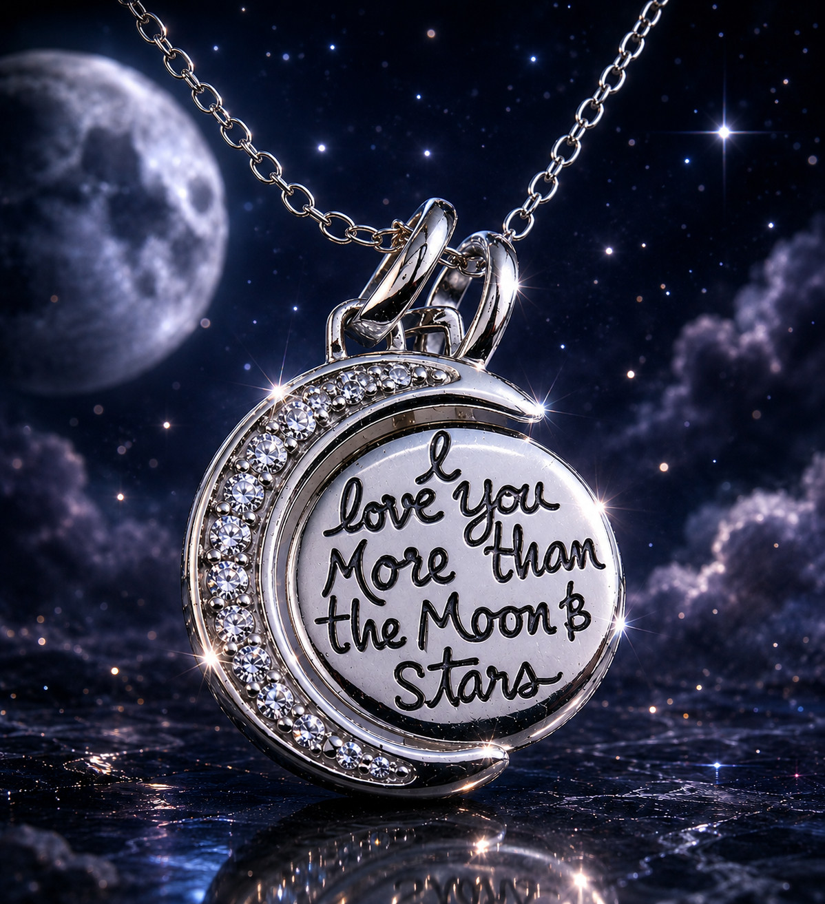 Timeless 925 Sterling Silver CZ “I LOVE YOU MORE THAN THE MOON & STARS” Necklace