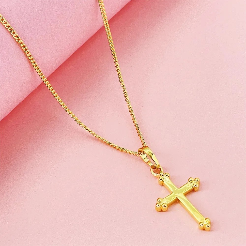 Women’s Delicate Cross Pendant Necklace,24K Gold, AU999 “Stability” engraving wi