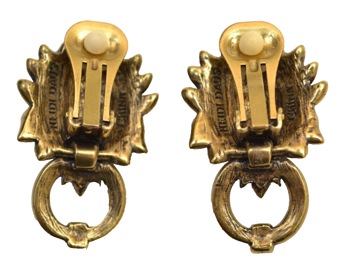 HEIDI DAUS Clip On Earrings Door Knocker Crystals Lion Hearted Rhinestones