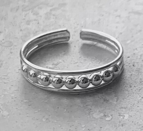 Womens Daily Use Solid Metal Adjustable 2mm Beaded Band Foot Toe Ring 925 Silver