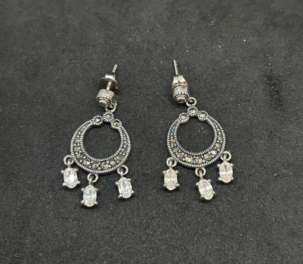 925 Sterling Marcasite Dangle CZ Post Earrings 1in – 6.0g