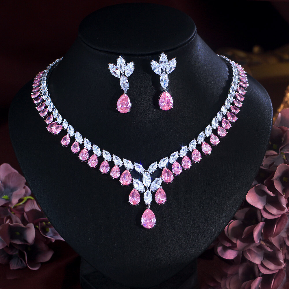 Pink Drop Leaf Tennis Engagement Necklace Earrings Silver Plated CZ Jewelry Set