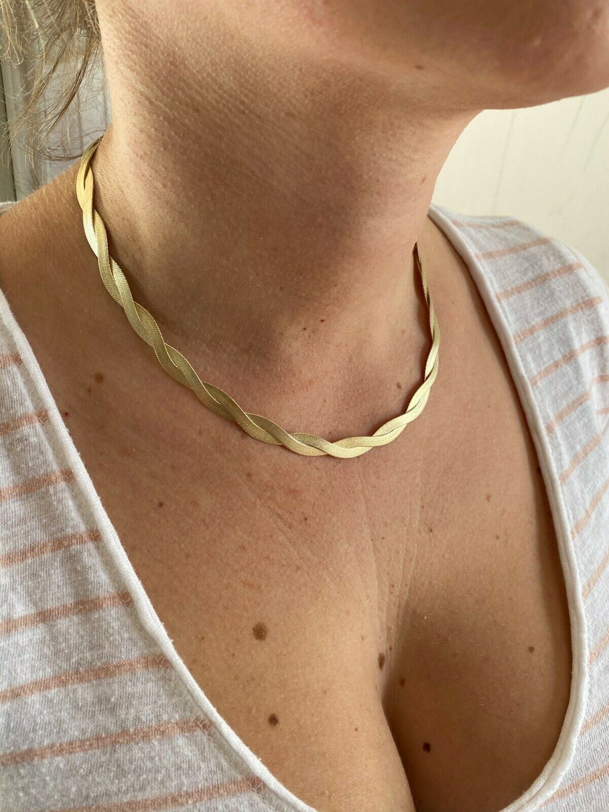 14k Gold Plated Solid 925 Silver Twisted Braided Herringbone Necklace 16-20″