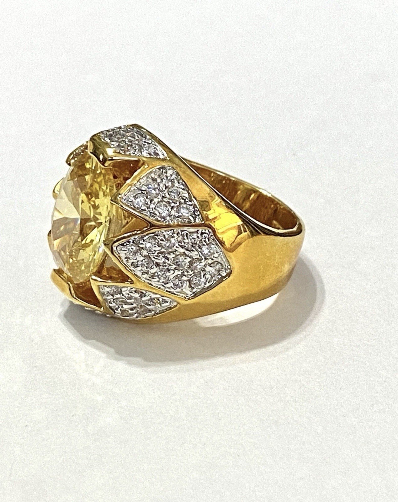 RJG Designer Shiny Statement Gold Tone Faux Citrine Diamond Cocktail Ring Sz 6.5