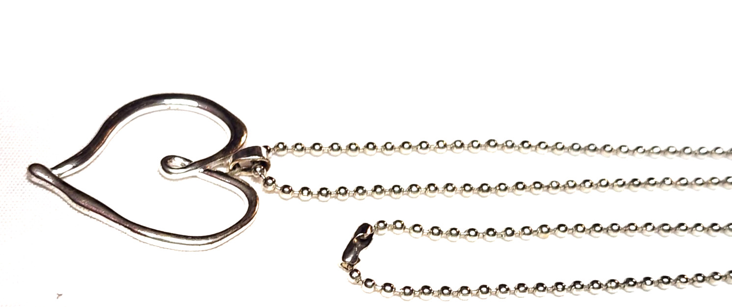 Wavy Abstract Open Heart Pendant Necklace Silver Tone 28″ Ball Bead Love Retro