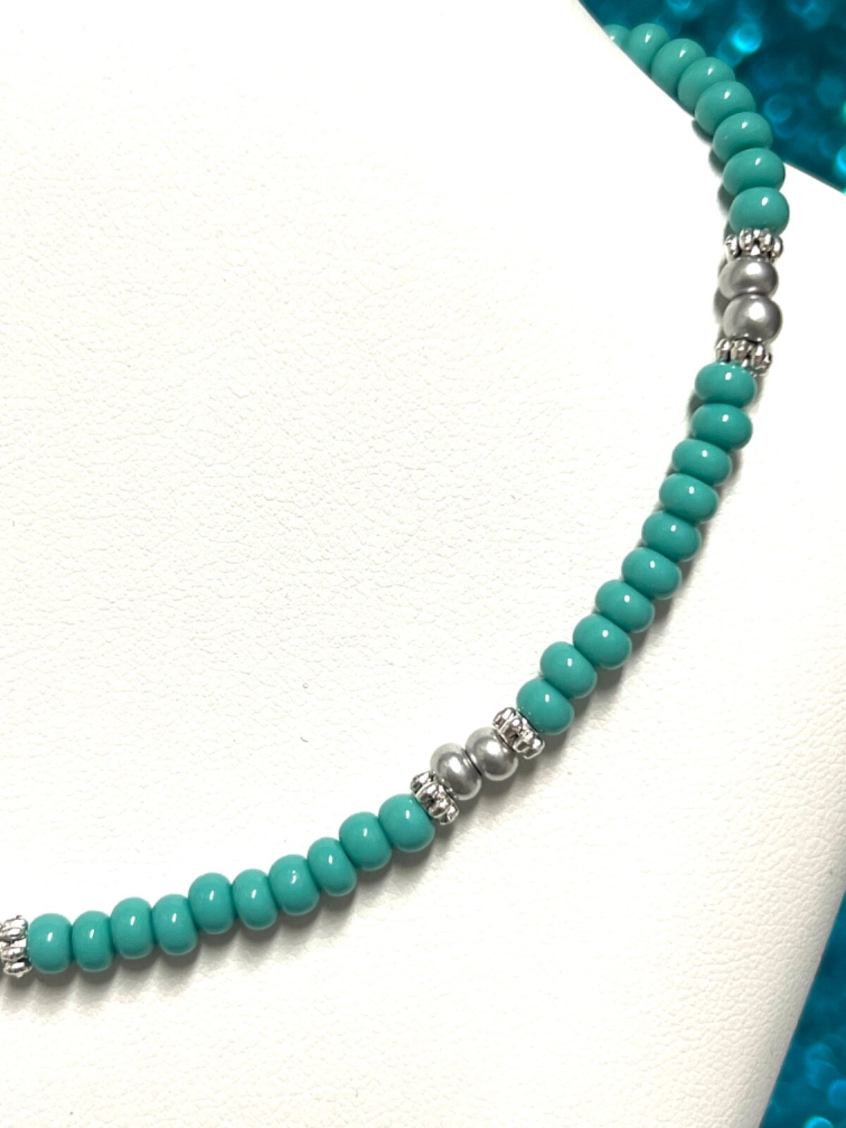 Texas Treasures Turquoise and Silver Preciosa Seed Bead Necklace 15 , 16 , 18 In