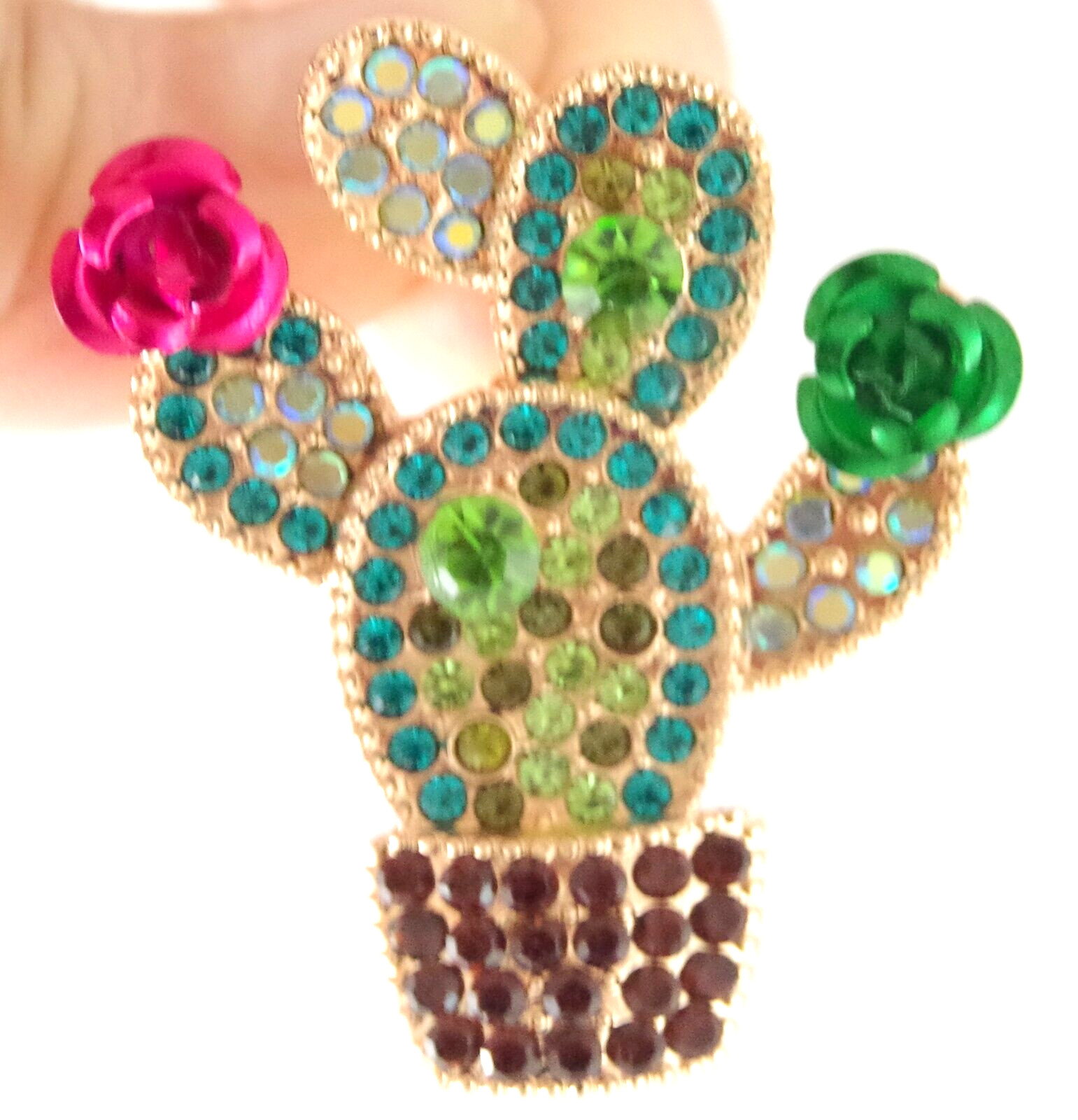 1.75″ BETSEY JOHNSON CRYSTAL RHINESTONE CACTI w 3D METAL CACTUS FLOWERS EARRINGS