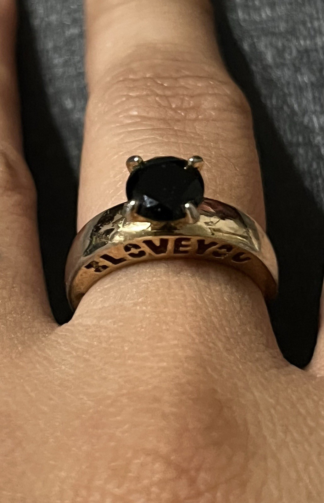Gold Tone Engraved LOVE Band Ring Size 7 Black Round Stone Prong Set gold plated