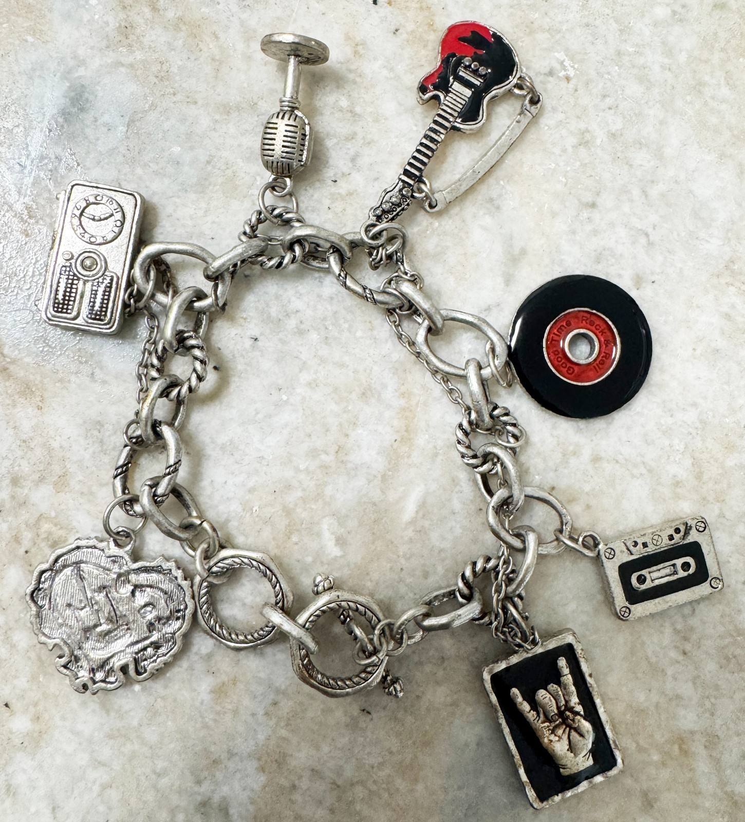 VTG ROCK STAR Charm Bracelet With Guitar Cassette Record Radio Toggle silvertone