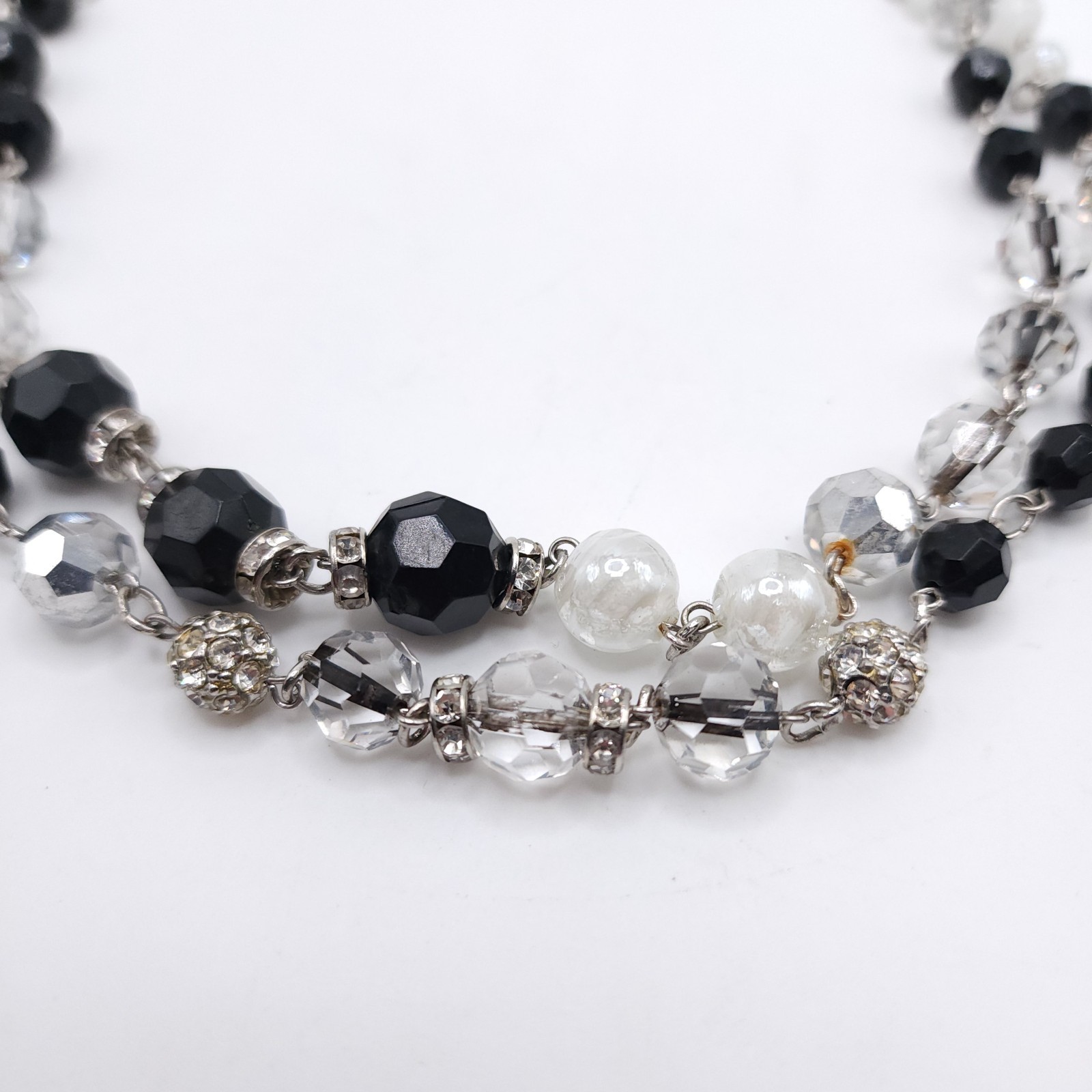 Black White Clear Beaded Necklace Double Strand Crystal Rhinestone 21in