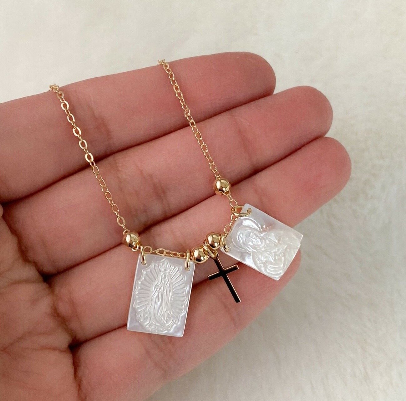 Mother of pearl Scapular necklace Guadalupe virgin sacred heart escapulario