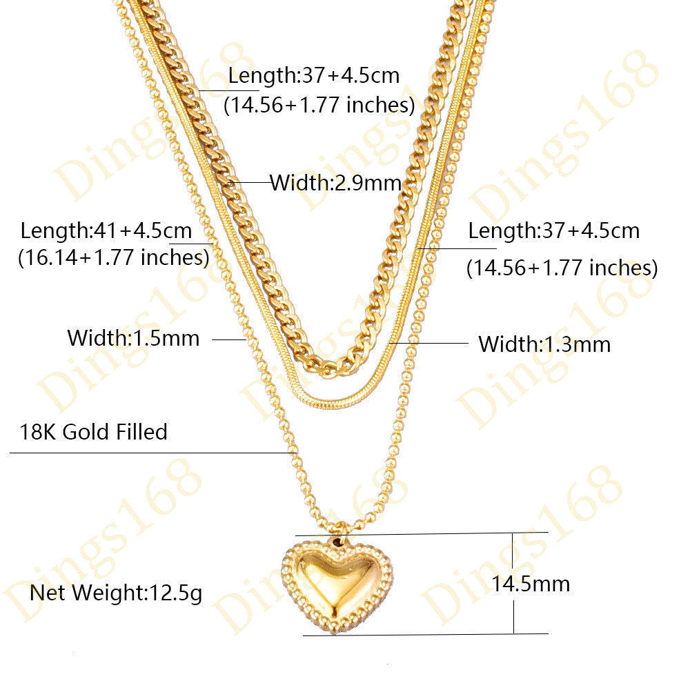 Designer Inspired 18K Gold Filled Snake/Curb/Bead Chain 3-Layered Heart Necklace