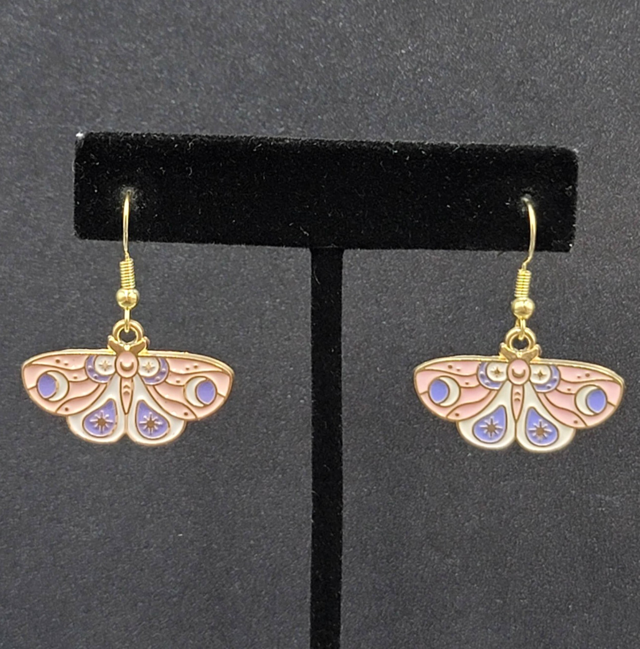 Moth Pierced Earrings Gold tone Pink Purple White Enamel Dangle 5/8″