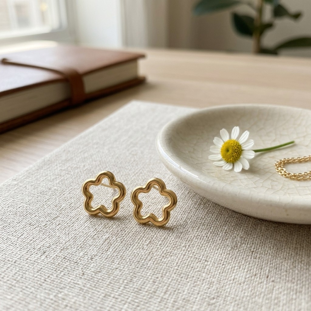 Gold Tone Stainless Steel Open Flower Stud Earrings Minimalist Clover Earrings