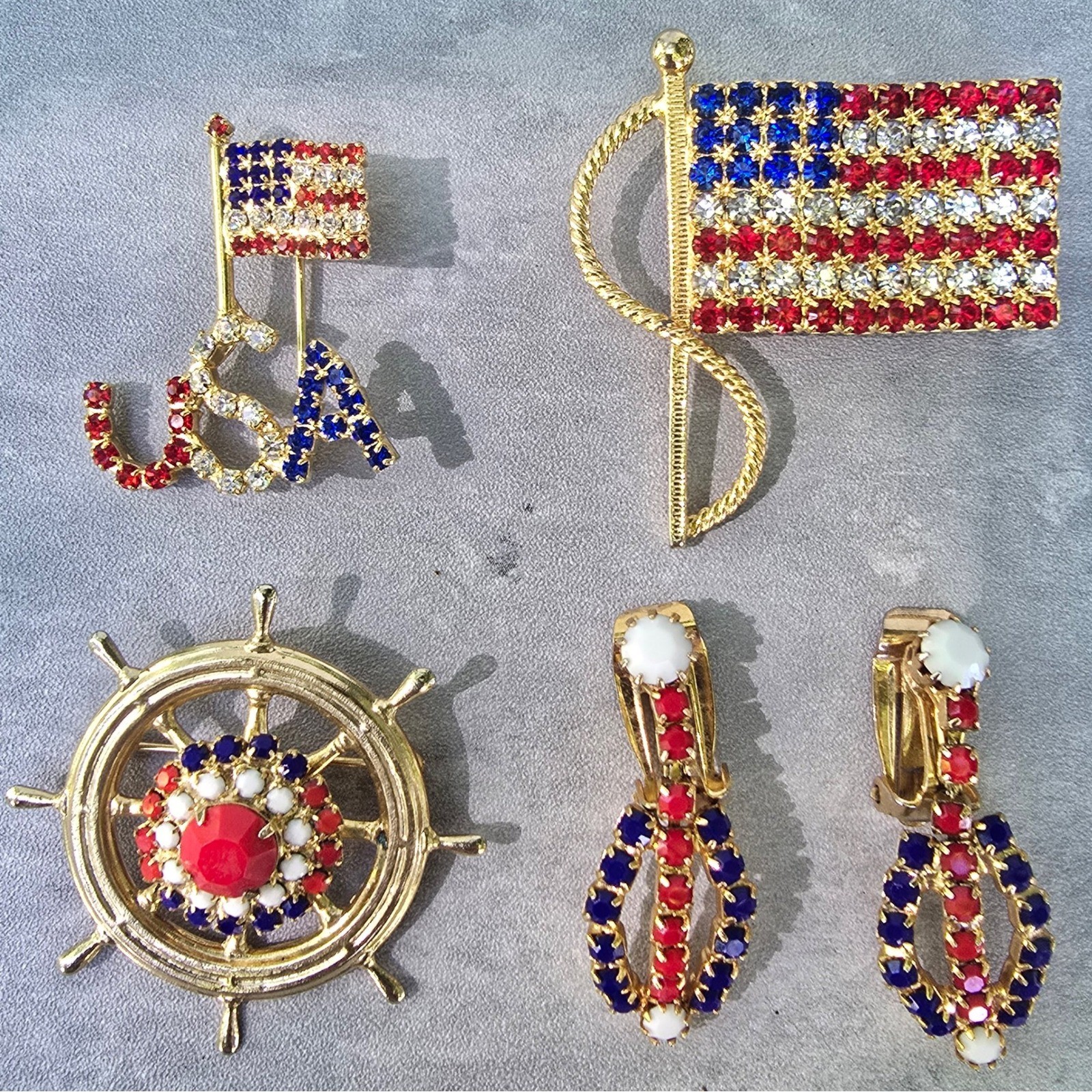 Patriotic Jewelry Lot 4th of July USA Flag Ships Wheel Brooches Clip On Earrings
